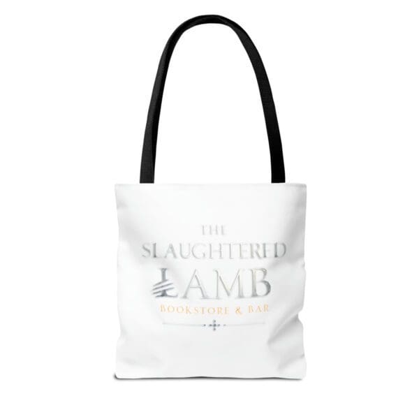 A white tote bag with the slaughtered lamb logo.