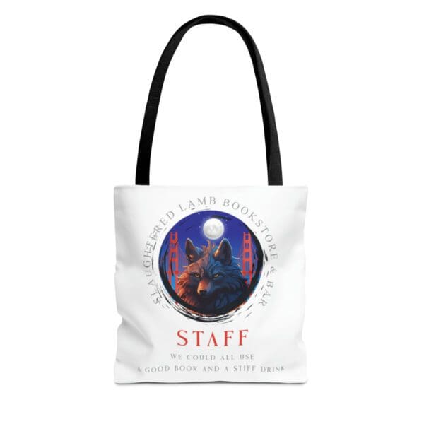 A white tote bag with an image of a cat and dog.