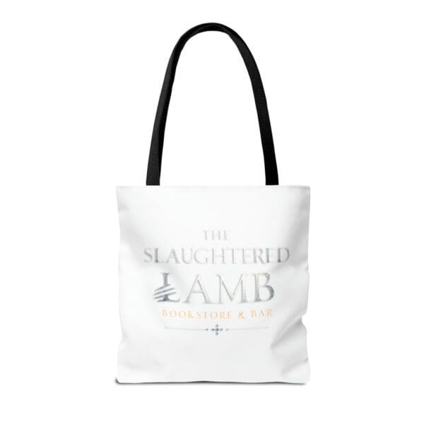 A white tote bag with the slaughter and lamb logo.