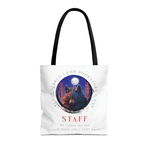 A white tote bag with a picture of two dogs.