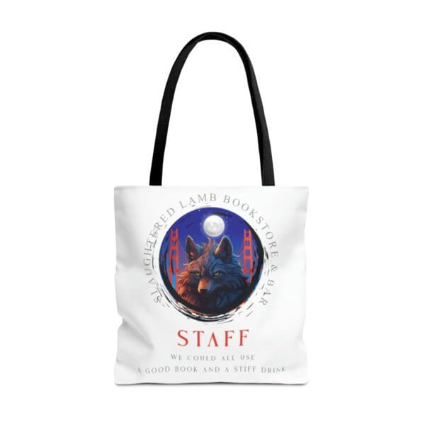 A white tote bag with an image of a wolf.