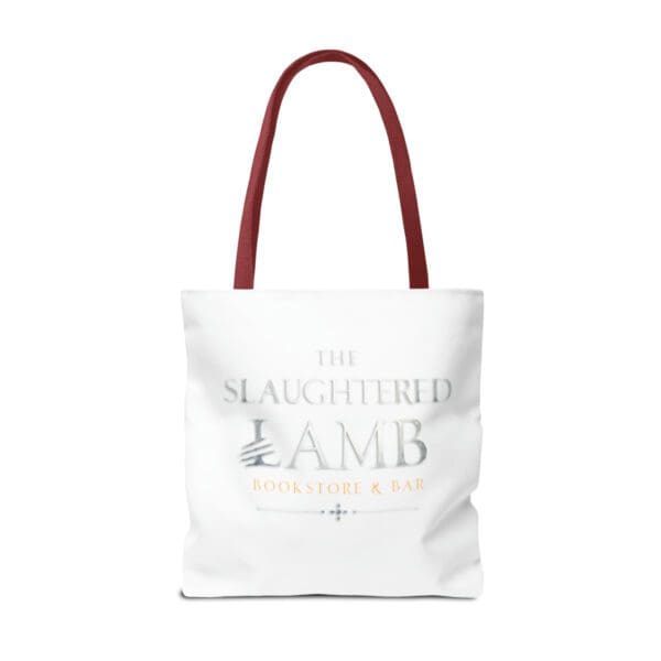 A white tote bag with the slaughtered lamb logo.