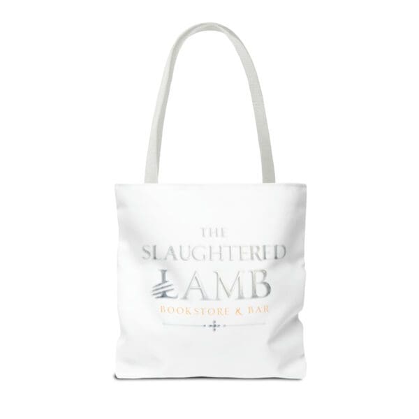 A white tote bag with the slaughter and lamb logo.