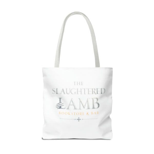 A white tote bag with the slaughtered lamb logo.