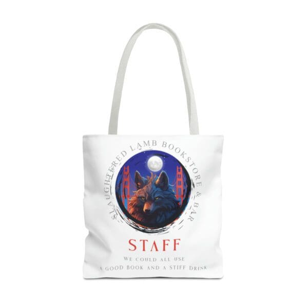 A white tote bag with an image of a wolf.