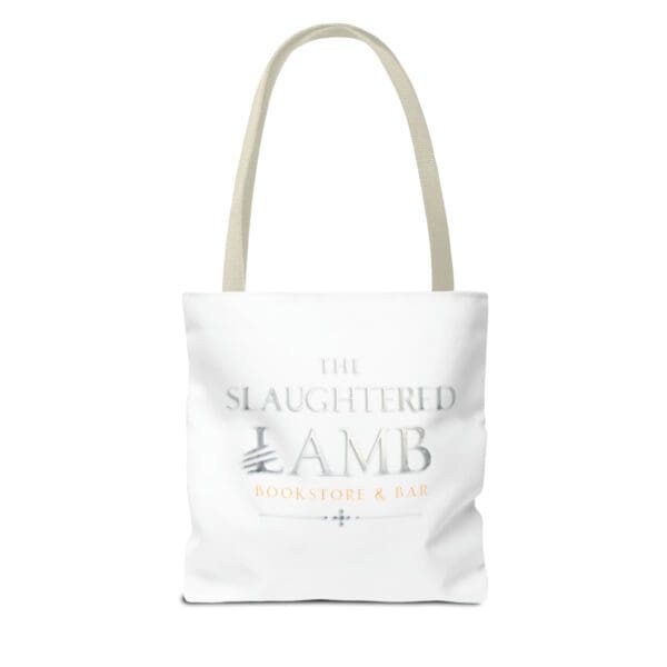 A white tote bag with the slaughtered lamb logo.