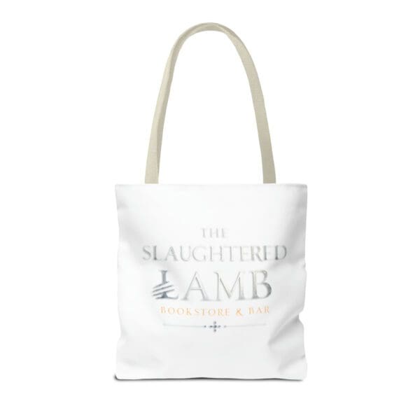 A white tote bag with the slaughter and lamb logo.