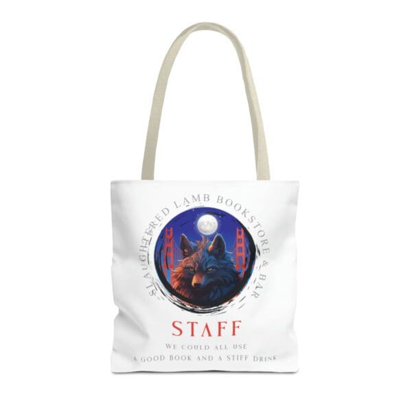 A white tote bag with an image of two wolves.