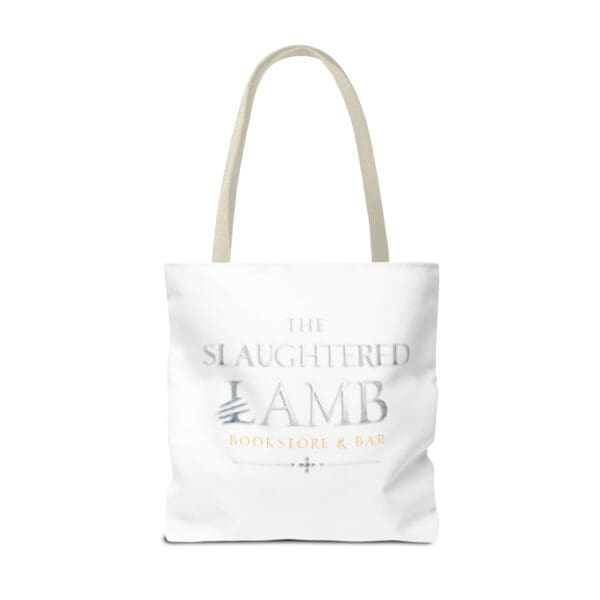 A white tote bag with the slaughtered lamb logo.