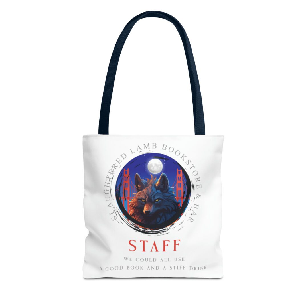 A white tote bag with a picture of a cat and moon.