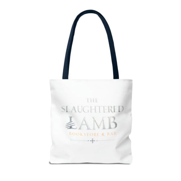 A white tote bag with the slaughter and lamb logo.