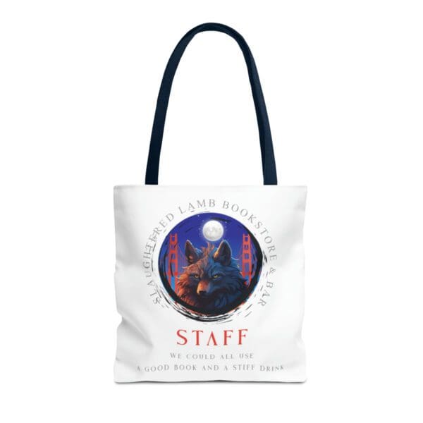 A white tote bag with a picture of two dogs.