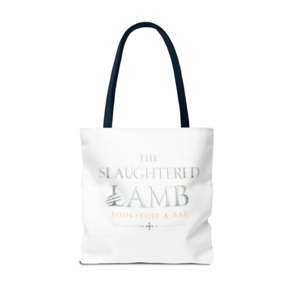 A white tote bag with the slaughtered lamb logo.