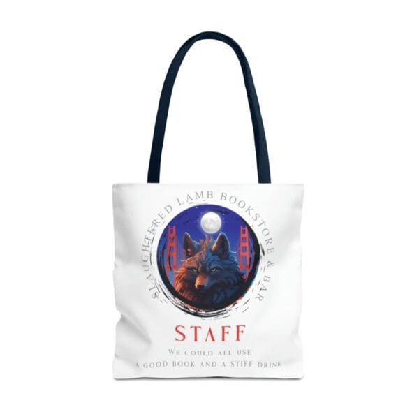 A white tote bag with an image of a wolf.