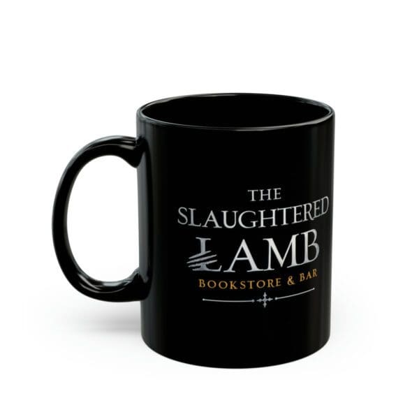 A black mug with the slaughtered lamb logo on it.