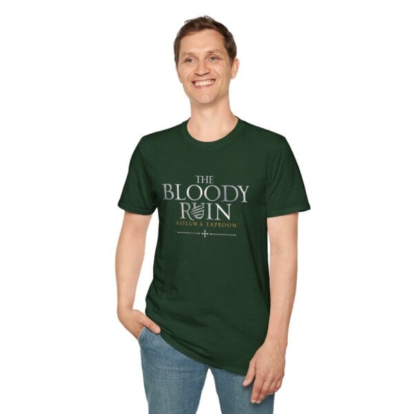 Man smiling in green "The Bloody Ruin" shirt.