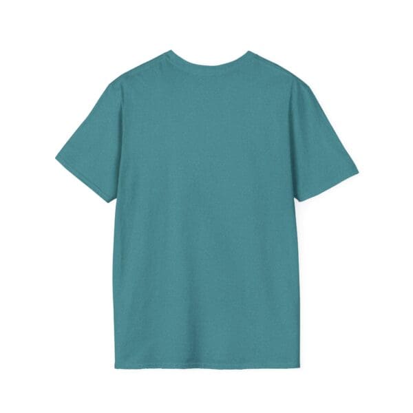 Turquoise t-shirt viewed from the back.