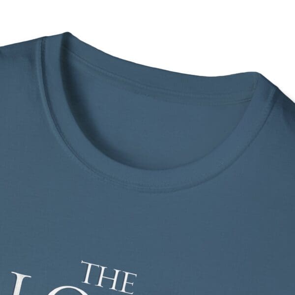 Blue t-shirt with text design on collar.