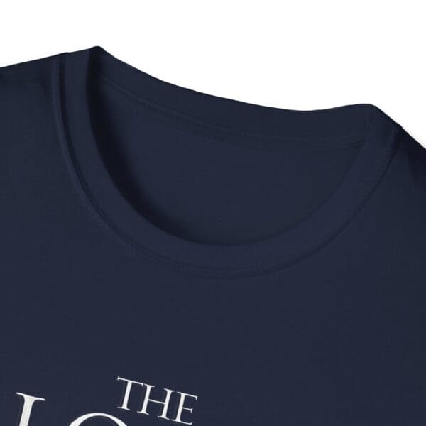 Navy blue t-shirt neckline with printed text.