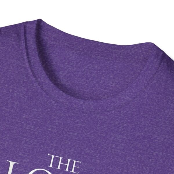 Purple T-shirt with text design.