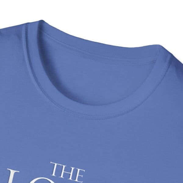 Blue t-shirt with rounded neckline and text.