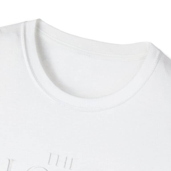 White t-shirt collar with embossed text.