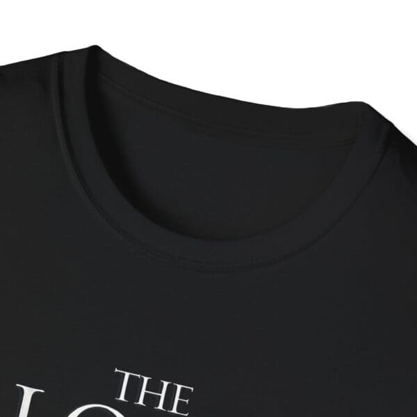 Black t-shirt with white text design.