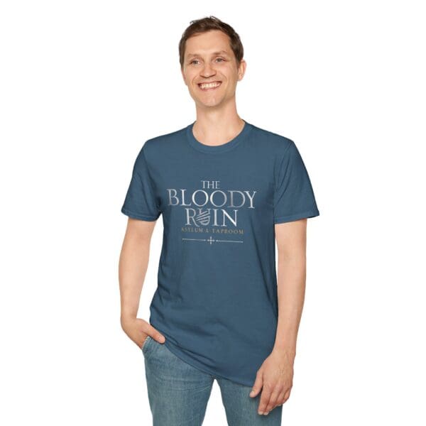 Man wearing a blue "The Bloody Ruin" shirt.